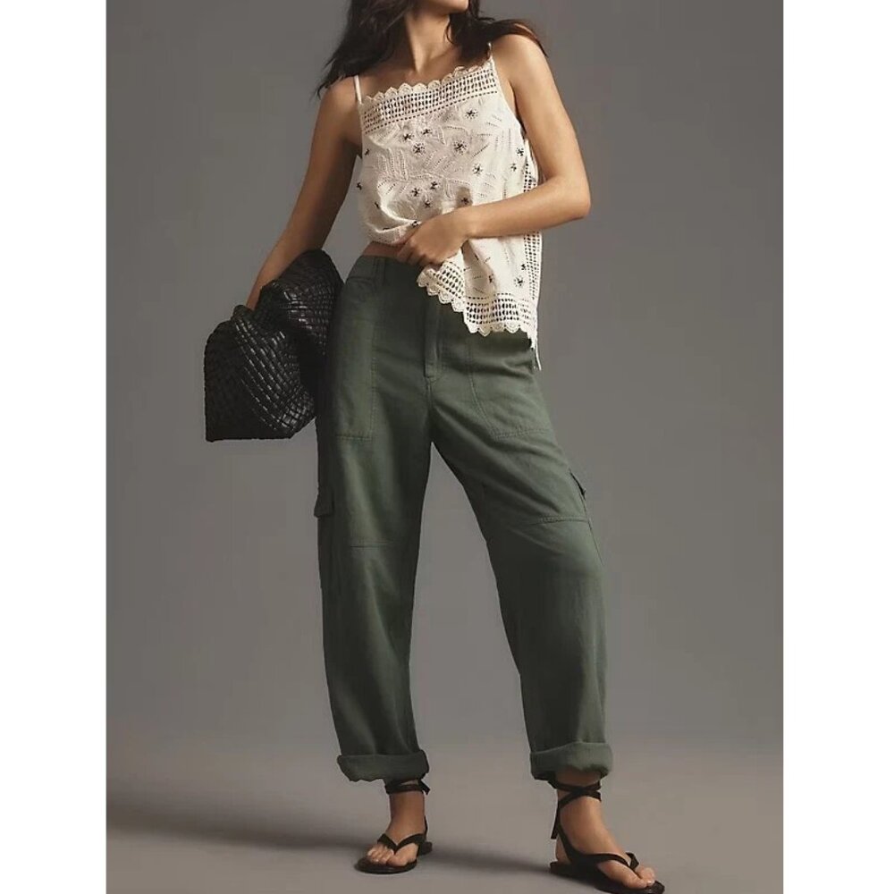 Anthropologie Pilcro Slim Linen Beach Cargo Pants Green M - Picture 4 of 11